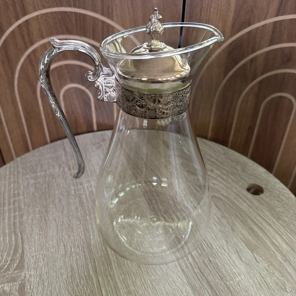 Vintage Silverplated Glass Coffee Tea Carafe Decanter Wine Pitcher 1960s